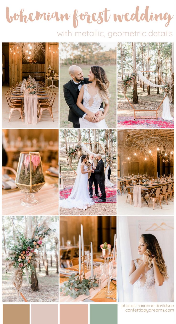 a collage of different wedding photos with the words bohemian forest wedding