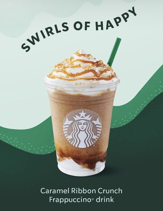 a starbucks drink with caramel ribbon crunch frappuccino and swirls of happy