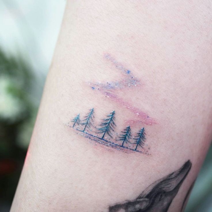 a small tattoo on the leg of a person with trees and mountains in the background