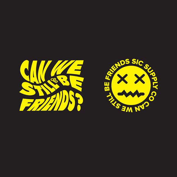 two stickers with the words smile and friends sic sulfy written in yellow on a black background