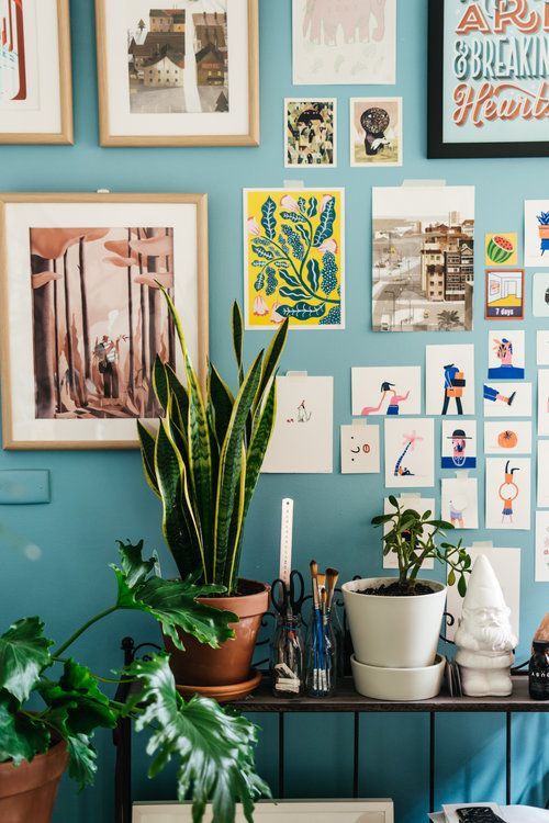 there are many pictures and plants on the wall in this room, including a potted plant