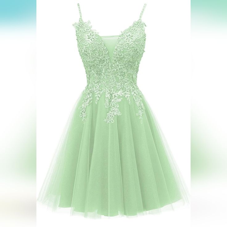 Fabric Type Tulle Care Instructions Dry Clean Only Closure Type Zipper Neck Style V-Neck Pastel Green Homecoming Dresses, Sage Green Dresses Short, Light Green Dress Short, Middle School Dance Dresses 6th Grade, Sage Green Dress Short, Light Green Hoco Dress, Quince Damas Dresses, Light Green Homecoming Dresses, Sage Quinceanera