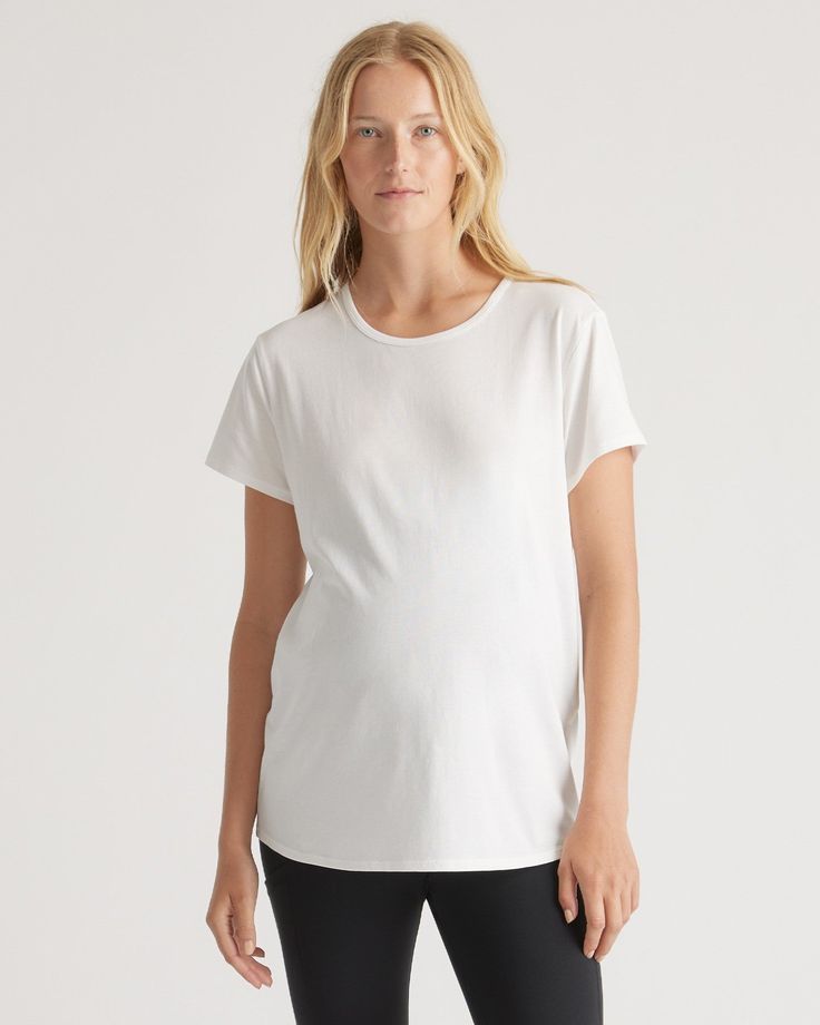 Stay effortlessly comfortable throughout your pregnancy with our Cotton Modal Maternity Crewneck Tee 2-Pack. Crafted from a soft and breathable blend of cotton and modal, these maternity essentials provide a flattering fit that grows with your bump. The classic crewneck design is always in style, while the 2-pack ensures you always have an additional option. Comfortable White Tops For Everyday, Comfortable White Everyday Tops, Casual Stretch Bump Friendly Tops, Casual Stretch Tops Bump Friendly, Comfortable White Stretch Top, White Nursing Friendly Short Sleeve Tops, Relaxed White Tops For Layering, Nursing Friendly Stretch Tops For Everyday, Stretch Nursing Friendly Tops For Everyday