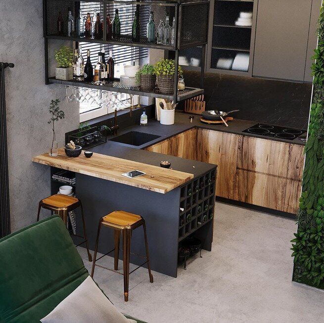 a kitchen with an island counter and stools