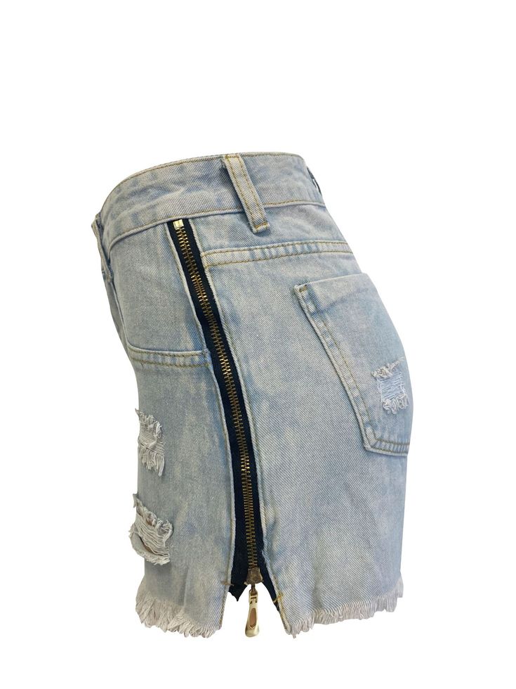 Women's 2024 Denim Shorts High Waist Distressed Side Zipper Denim Short Jeans Fitted Shorts With Zipper Closure For Spring, Trendy Medium Wash Bottoms With Zipper Closure, Summer Light Wash Bottoms With Zipper Closure, Light Wash Jeans With Zipper Closure For Summer, Trendy High Rise Shorts With Zipper Closure, Trendy Fitted Shorts With Zipper Closure, Spring Denim Bottoms With Side Zipper, Trendy Short Length Jean Shorts With Zipper, Edgy Shorts With Zipper Closure For Spring