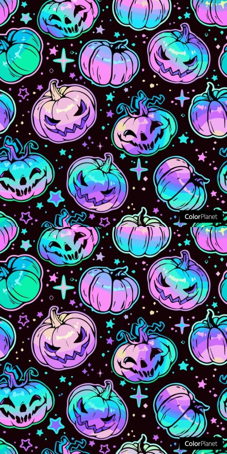 an image of halloween pumpkins and stars on a black background with blue, green, purple