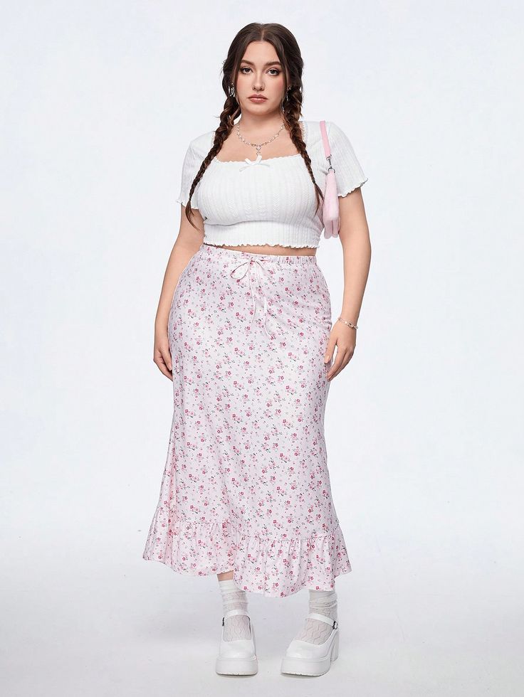 Pink Boho Collar  Knitted Fabric Plants,Ditsy Floral Flared Embellished Slight Stretch  Women Plus Clothing Midsize Women Fashion, Boho Summer Outfits Plus Size, Feminine Plus Size Outfits, Plus Size Coquette Outfits, Plus Size Shein Outfits, Plus Size Coquette, Skirt For Plus Size, Plus Size Skirt Outfits, Plus Size Long Skirt