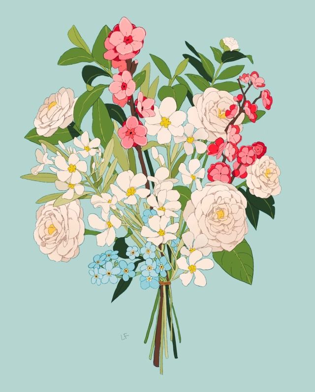 a bouquet of flowers with green leaves and red, white, and blue blooms on a light blue background