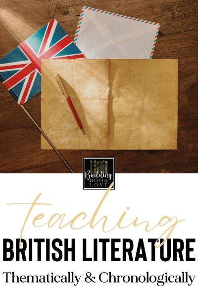 the cover of teaching british literature, featuring an envelope with a flag and a pen