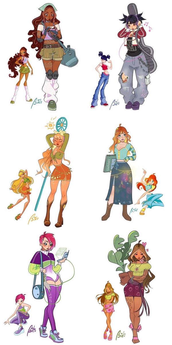 some cartoon characters with different outfits and hair