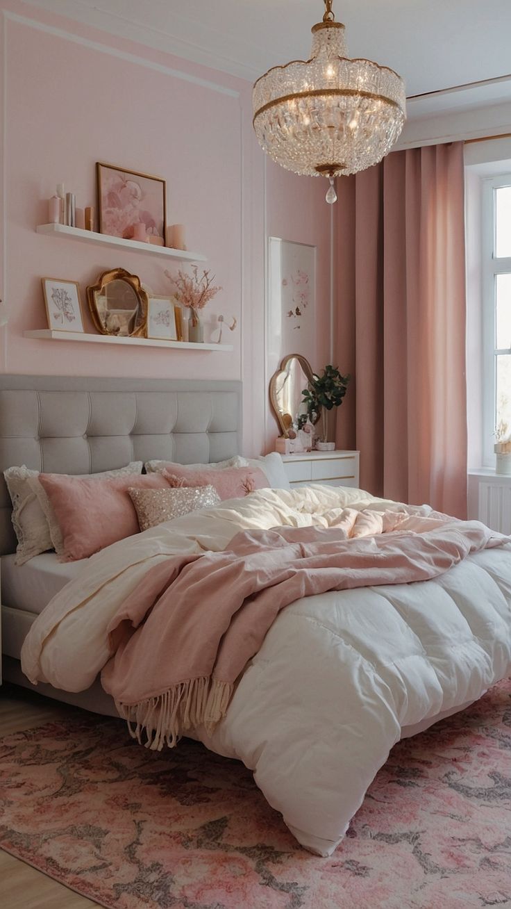 a bedroom with pink walls, white bedding and a chandelier hanging from the ceiling