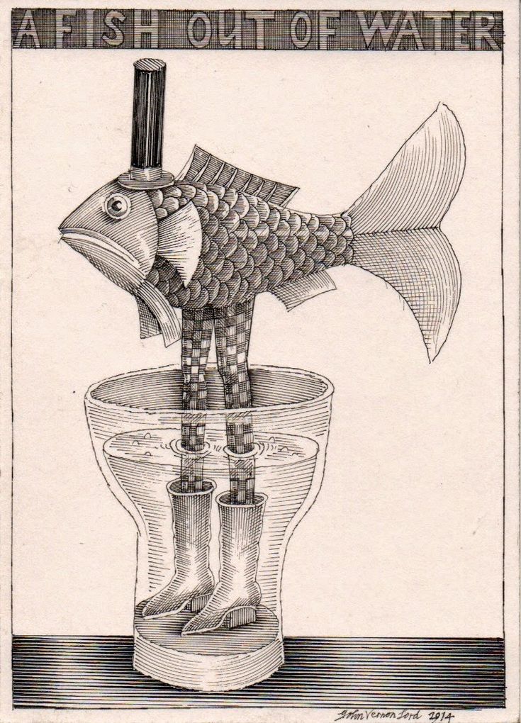 a drawing of a fish in a cup with the words art is out of water