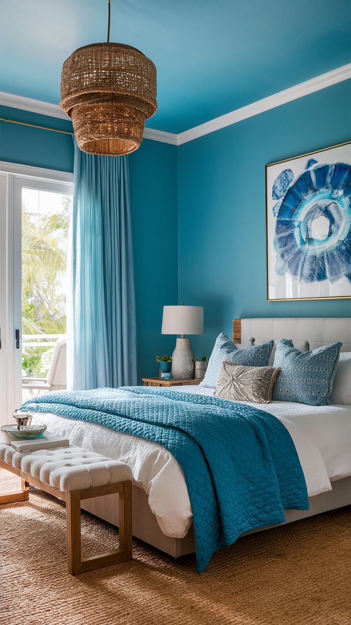 a bedroom with blue walls and white bedding in the center, along with a painting on the wall