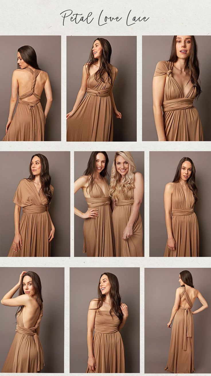 a series of photos showing the different poses of a woman in a brown dress, with her hands on her hips