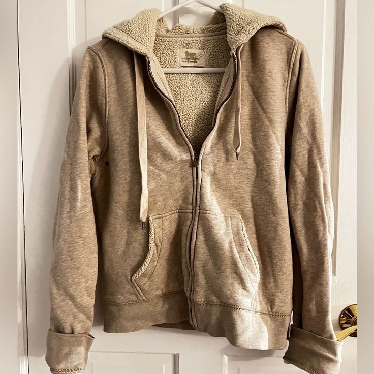 Cozy Cream Color J Crew Zip Up Hoodie Jacket, Fuzzy Warm Lining Size Large But Fits Like A Small Cozy Beige Hoodie With Double-lined Hood, Casual Beige Hoodie With Fleece Lining, Beige Casual Hoodie With Fleece Lining, Beige Fleece Hoodie Outerwear, Winter Khaki Sweatshirt For Loungewear, Cozy Cream Long Sleeve Hooded Jacket, Cozy Cream Hooded Jacket For Winter, Cozy Beige Hooded Jacket For Cold Weather, Cozy Cream Hooded Jacket With Long Sleeves