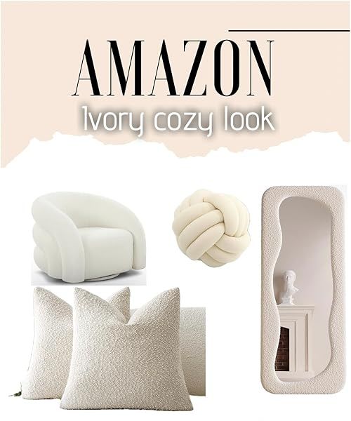 an ad for the amazon store with pillows and furniture in white, beige and black colors