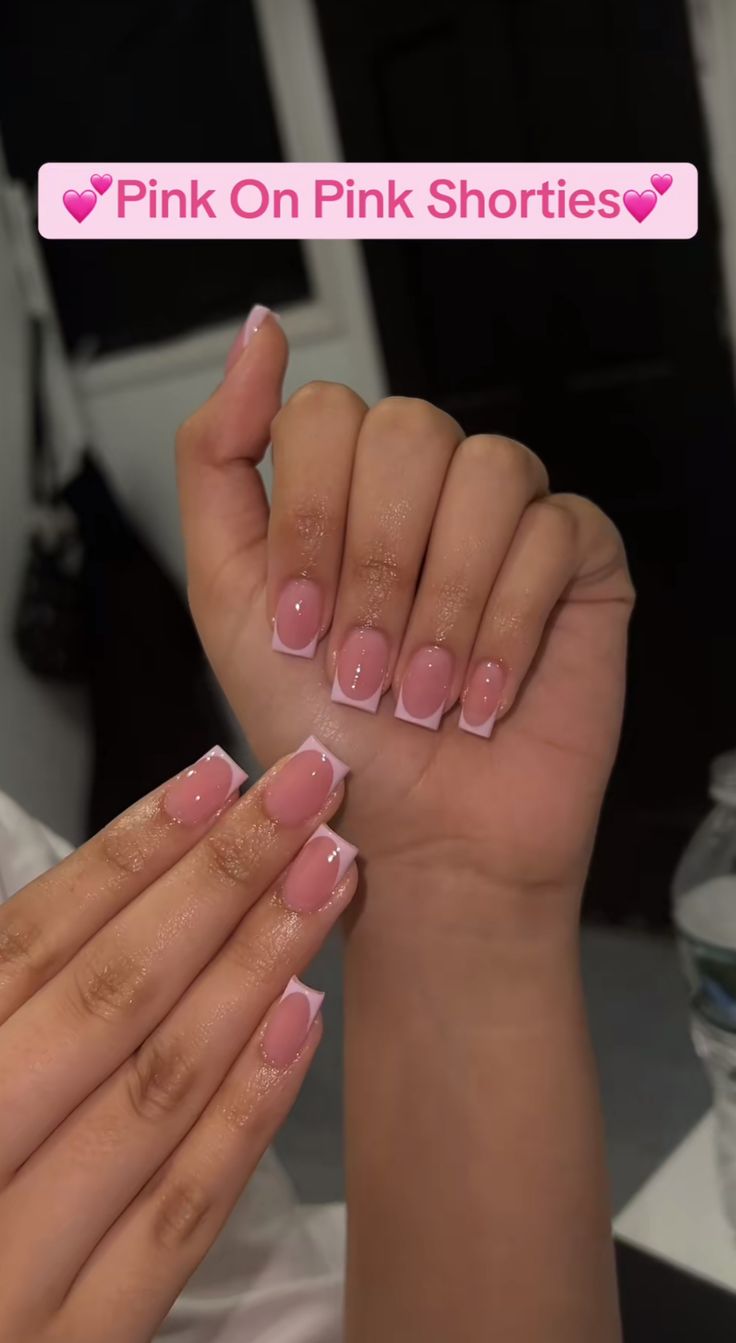 Squared Pink French Tip Nails, White French Tip Nails With Pink Design, Pink Tip Nails With Glitter, Milky Pink French Tip Nails, Short Nail Pink French Tip, Pink Baby Shower Nail Ideas, Baby Pink Nails French Tip, Short Gel Manicure Ideas, Nail Ideas Baby Pink