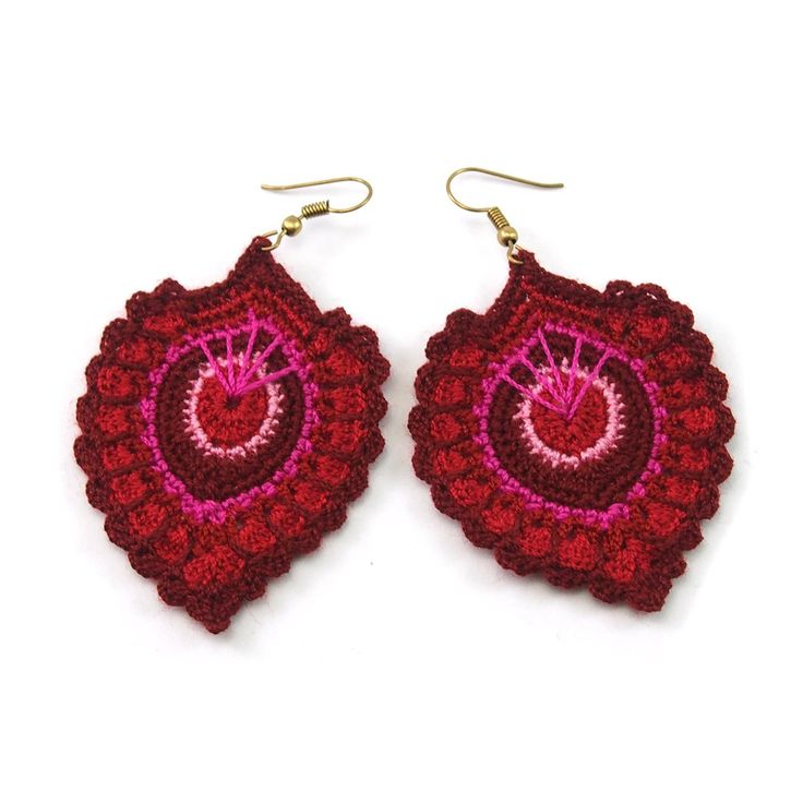 Hilltribe Crocheted Earrings Approx. 3" drop from ear Teardrop Earrings With Ear Wire For Festival, Pink Teardrop Festival Earrings, Pink Teardrop Earrings For Festival, Handmade Pink Bohemian Teardrop Earrings, Bohemian Pink Teardrop Earrings, Pink Bohemian Teardrop Earrings, Red Teardrop Earrings For Festival, Crocheted Earrings, Crochet Earrings