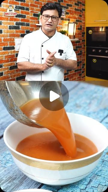 a man pouring orange juice into a bowl