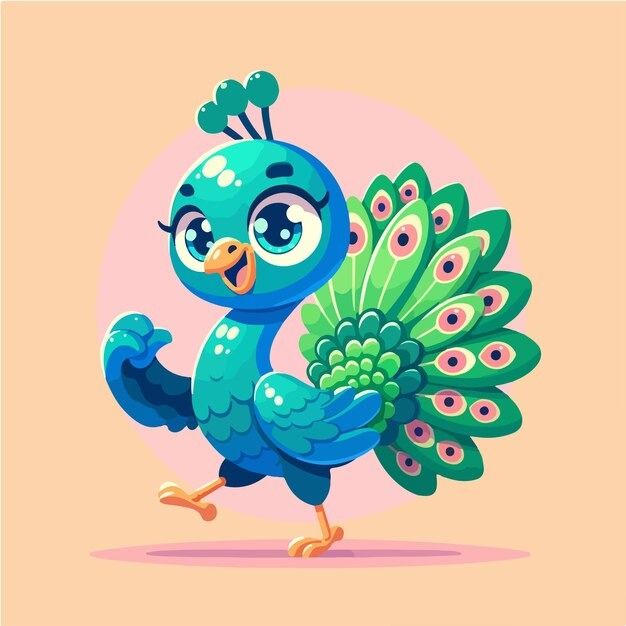 a cartoon blue bird with big eyes holding a large green peacock's tail in its paws