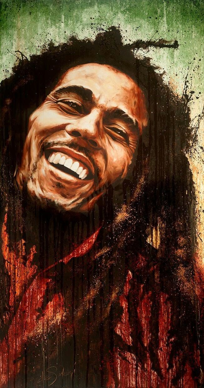 a painting of a smiling man with dreadlocks on his head and eyes, in front of a grungy green background