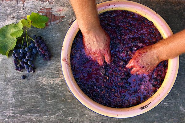 a person reaching for grapes in a bowl with their hands on the top of it