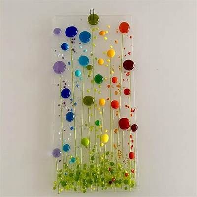 an art piece with many different colored balls hanging from it's sides on a wall