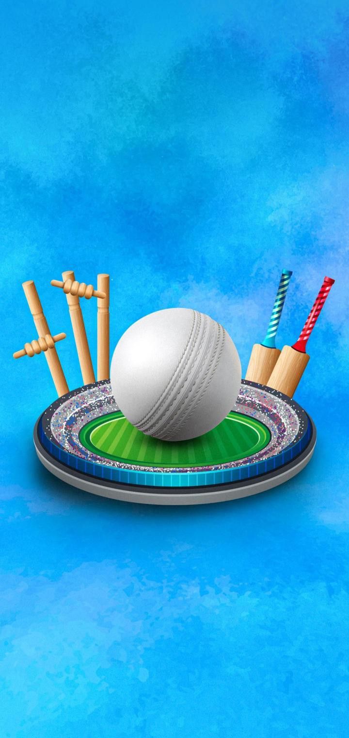 a cricket ball and bats on a plate with blue sky in the backround