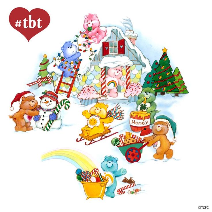 a christmas scene with teddy bears and other holiday items in front of a snow - covered house