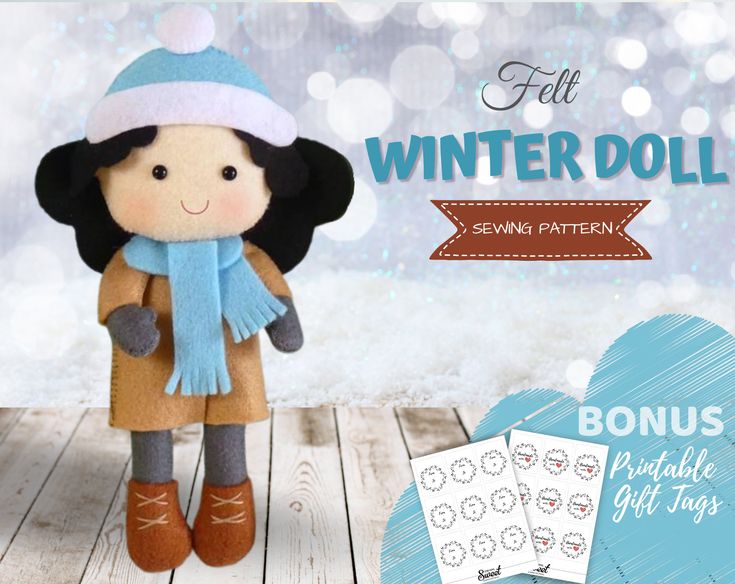 an image of a doll that is wearing a hat and scarf with the words winter doll on it