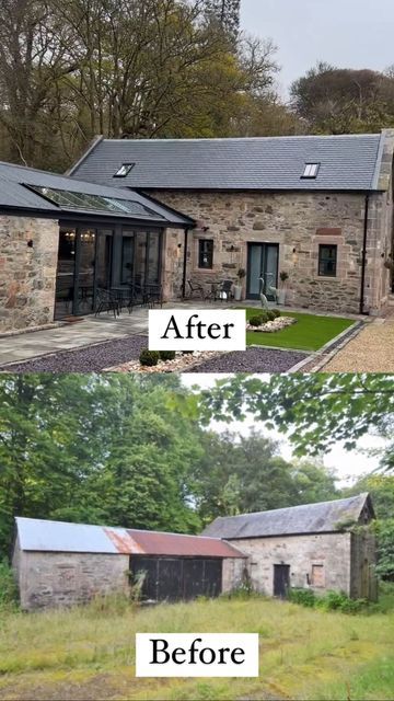 before and after photos of an old stone house with slate roof, brick walls and windows