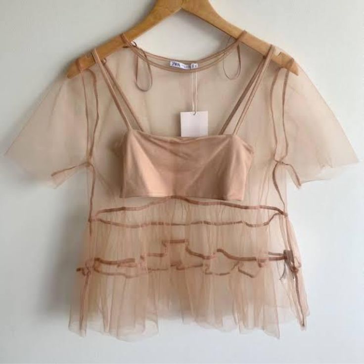 Nwt Zara Cream Tulle Top (Does Not Include The Crop Top Underneath) Brand New Super Cute Short Sleeve Summer Wedding Tops, Summer Wedding Tops With Short Sleeves, Beige Summer Party Blouse, Sheer Mesh Top For Summer Evenings, Sheer Short Sleeve Mesh Top For Party, Sheer Mesh Top For Summer Party, Short Sleeve Blouse For Summer Wedding, Summer Wedding Short Sleeve Blouse, Sheer Beige Summer Blouse