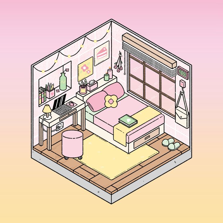 an illustrated drawing of a bedroom with pink walls