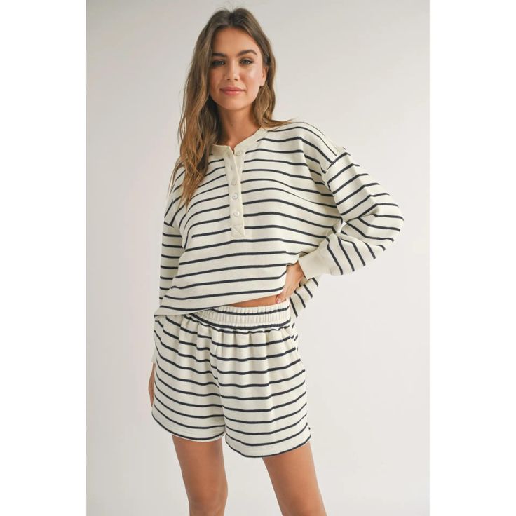 Elevate your loungewear with our Striped Terry Set. Crafted from luxurious terry fabric, this set features a half button-up top with a classic striped design. Perfect for a cozy day at home or a casual outing, this set offers both comfort and style. Upgrade your wardrobe today. Resort Ideas, Sailor Stripes, Fall Inspiration, Striped Sweatshirts, Tunic Sweatshirt, Sweater Crop, Sweatshirt Set, Stripe Shirt, Crop Top Sweater