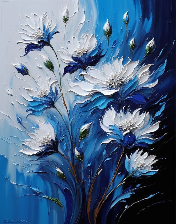 a painting of white flowers on a blue background