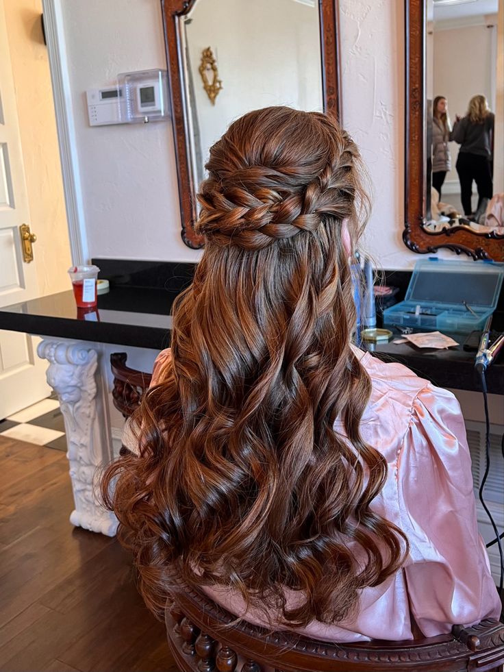 Braided Updo For Long Hair, Wedding Half Up Half Down Braid, Half Up Braid Wedding Hair, Unique Half Up Half Down Hairstyles, Vintage Half Up Half Down Hair, Hair Half Up Half Down Curled, 1800 Hairstyles Woman, Half Up Half Down Hair For Prom, Braid And Curls Hairstyles