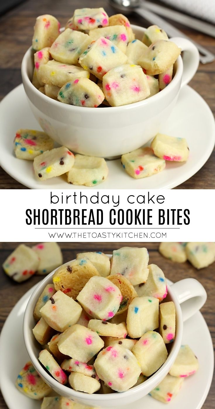 birthday cake shortbread cookie bites in a white bowl