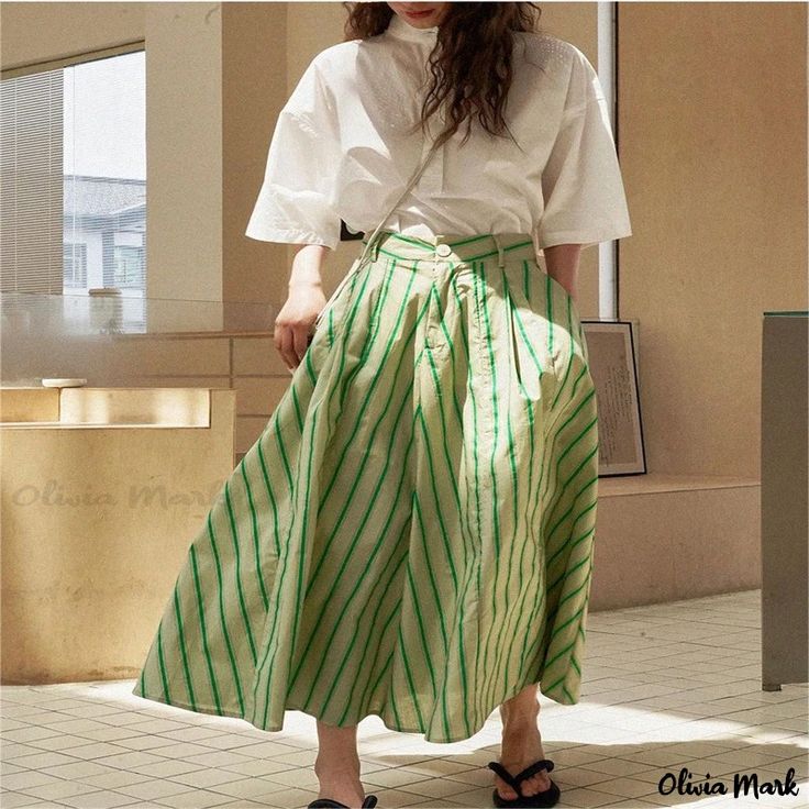 Olivia Mark - Romantic Semi-Formal High-Waisted Long Dress Striped Skirt Outfit, Skirt With Pleats, Umbrella Skirt, Pleated Long Skirt, Summer Green, Long Skirts For Women, Skirt For Women, Striped Skirt, Striped Maxi