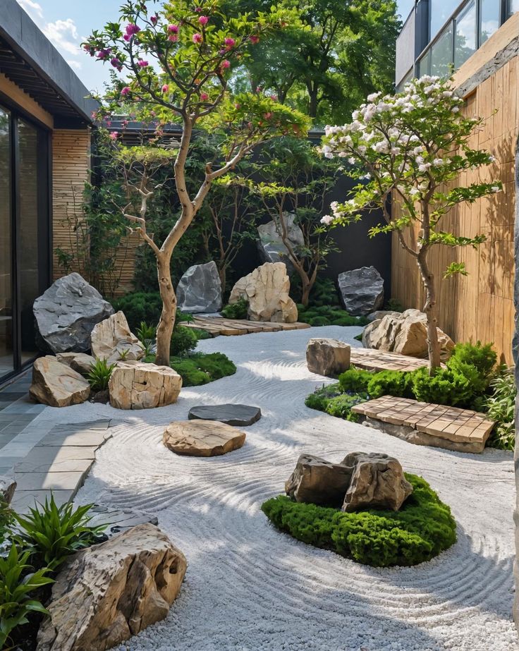 a garden with rocks and plants in it