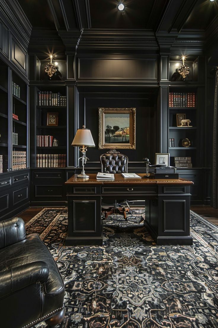 an elegant home office with black walls and carpet