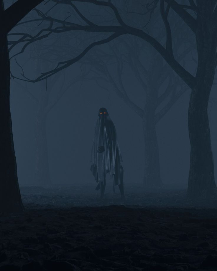 a creepy creature standing in the middle of a forest at night with fog and trees