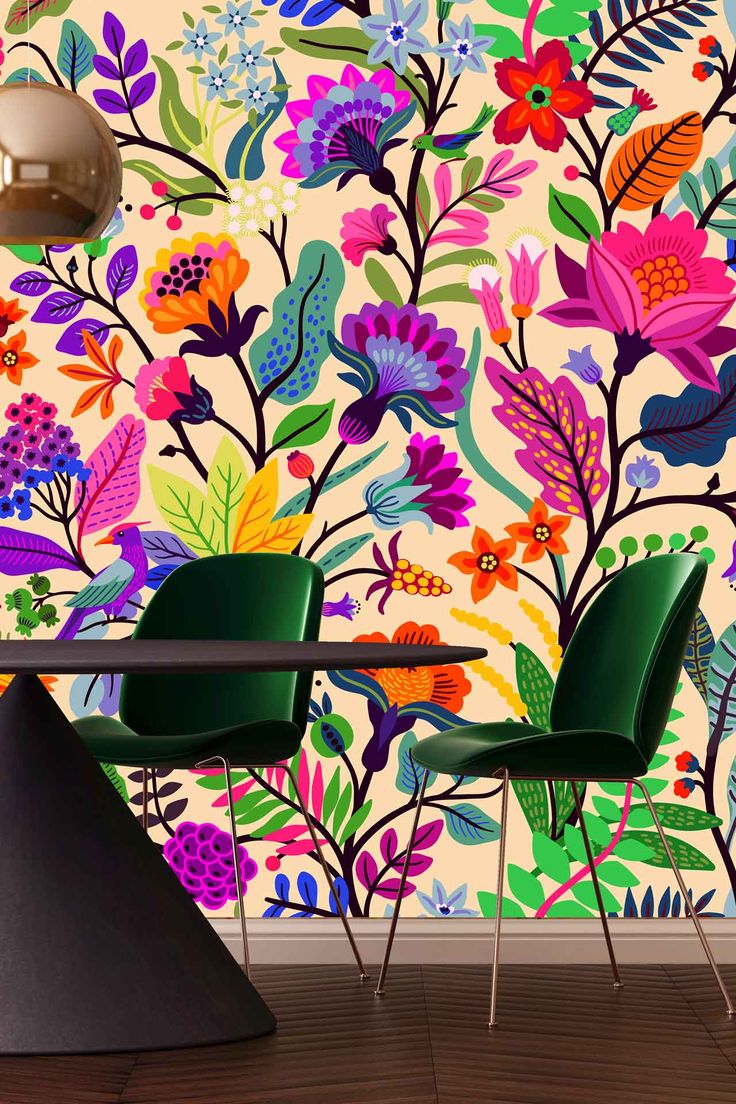 a colorful floral wallpaper in a dining room