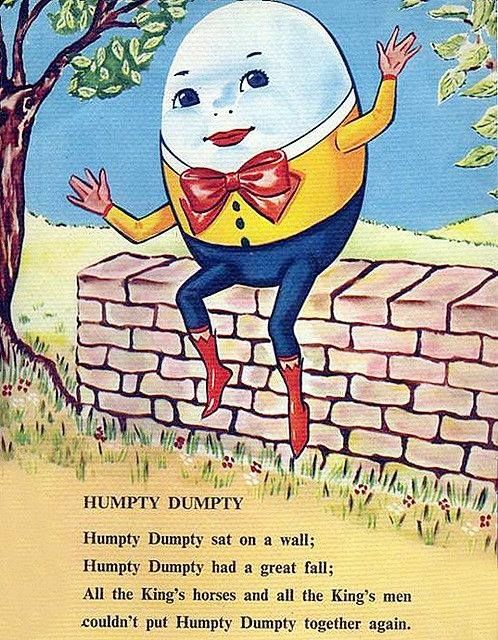 an old children's book about humpty dumppy, jumping on a wall