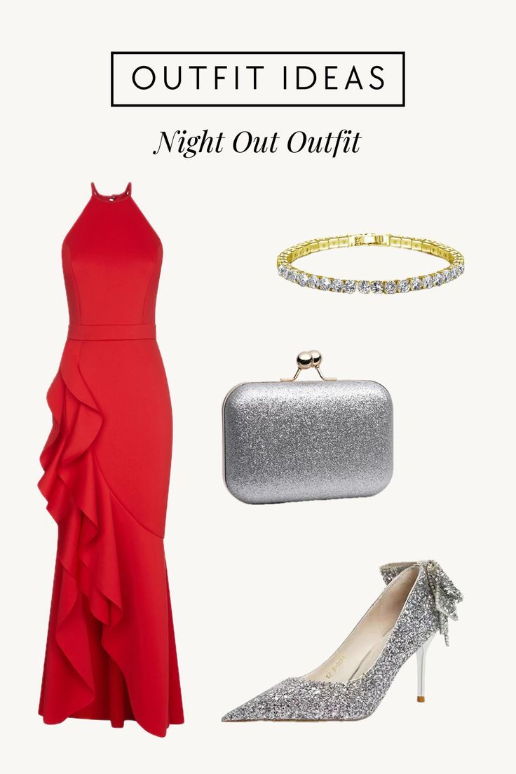 a red dress and silver accessories with the words outfit ideas night out outfits