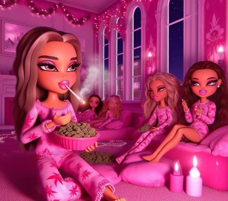 three barbie dolls sitting on pink couches eating food and drinking coffee in the living room