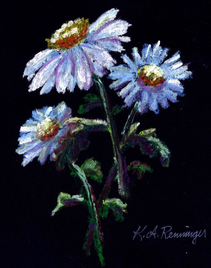 a painting of three daisies on a black background