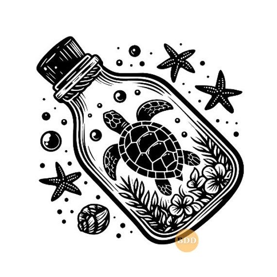 a bottle filled with sea animals and starfishs on top of it, surrounded by sand