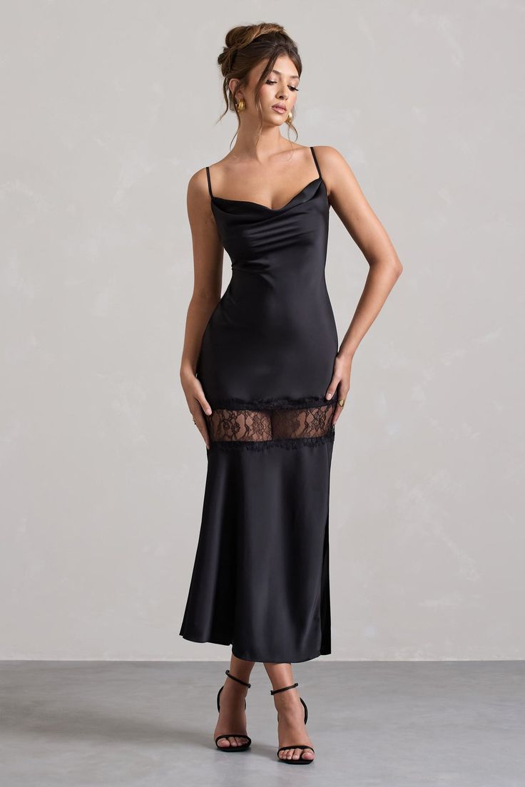 Turn your attention to Matera, the perfect maxi for wedding guest season. Arriving in a classic black shade of our premium flowing satin that drapes over your curves and boasts a feminine cowl neckline. Matera is detailed with an elegant lace panel, style yours with a tousled bun and some strappy stilettoes for your next occasion.Features - Premium satin- Cowl neckline- Adjustable cami straps- Invisible zip closure- Lace panel- Thigh side split - Maxi length Sizing & Fit Model is 5'7 and wears UK size 8 / US size 4Product Information Designed exclusively by Club L London Unlined with no stretch Premium satin and lace in Black (96% Polyester, 4% Elastane) 140cm total length SKU: CL134862002 Maxi For Wedding, Club L London, Black Dress Prom, Black Tie Gala, Party Dress Long Sleeve, Bridesmaid Outfit, Black Sequin Dress, Black Velvet Dress, Black Shade