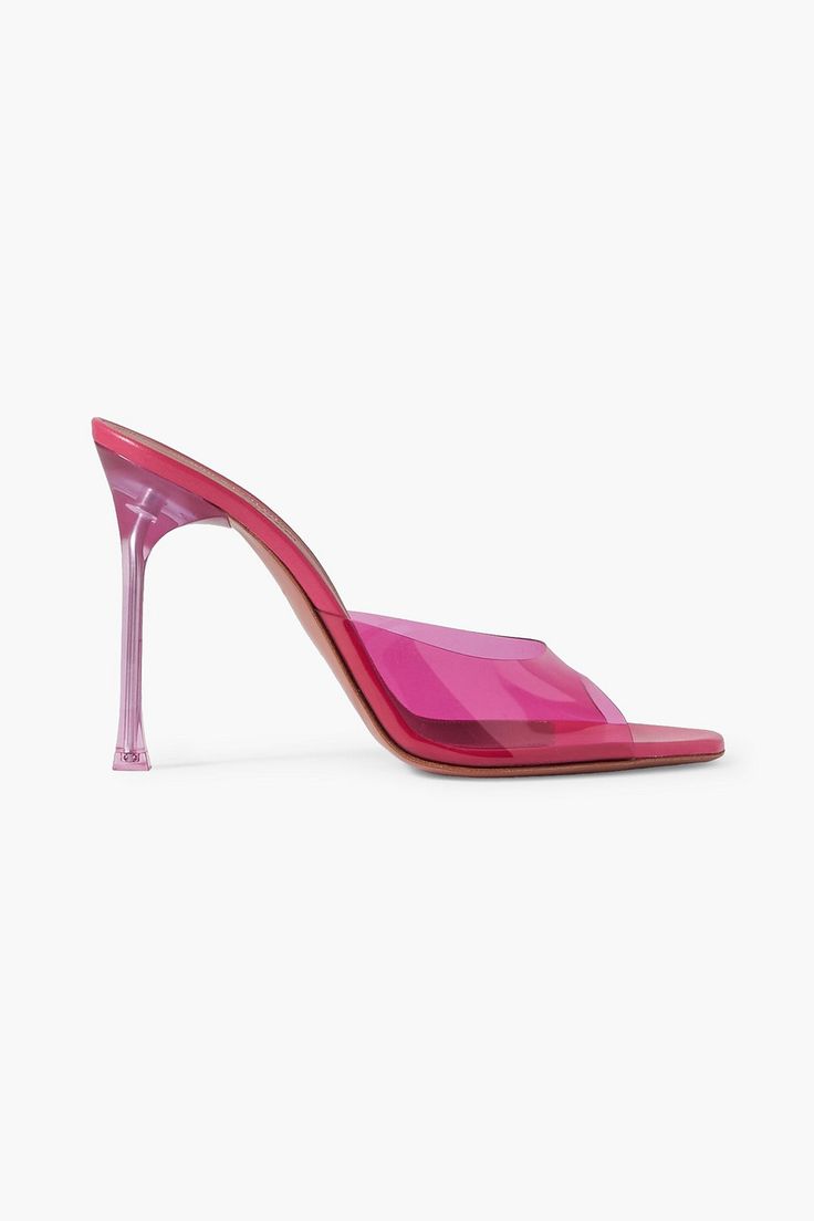 Find AMINA MUADDI Alexa Pvc Mules on Editorialist. Mules pvc open square toe slip on lined in leather leather/rubber sole made in italy Amina Muaddi's 'Alexa' mules are made from hot pink PVC that matches the transparent heels, they're purposely shaped to resemble the stem of a martini glass. They have comfortable leather soles and angular toes. Pink Slip-on Heels With Sculpted Heel, Pink Party Heels With Translucent Outsole, Modern Pink Sandals With Sculpted Heel, Modern Pink Heels With Contrasting Heel Counter, Modern Pink Heels With Sculpted Heel, Pink Sandals With Sculpted Heel And Square Toe, Modern Pink Pointed Toe Sandals, Pink Fitted Slip-on Heels, Designer Pink Square Toe Heels