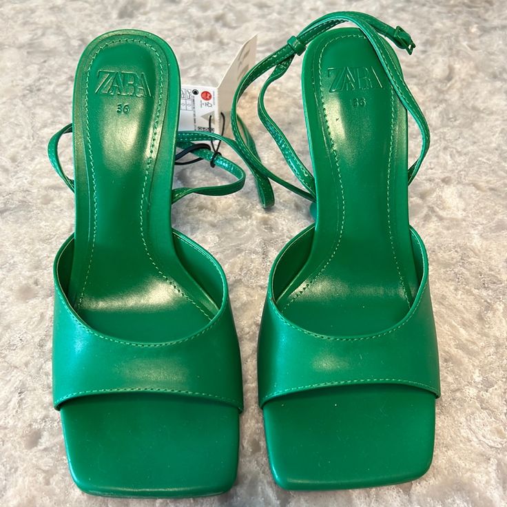 Zara, New Women Sandals, Size 36. Never Worn With Tags Green High Heel Sandals For Summer, Summer Green High Heel Sandals, Trendy Green Block Heel Sandals, Green High Heel Sandals For Spring, Casual Green Slingback Sandals With Ankle Strap, Casual Green Ankle Strap Slingback Sandals, Trendy Slingback Wedge Sandals For Spring, Green Block Heel Sandals For Summer, Trendy Green Open Toe Slingback Sandals